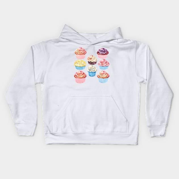 Watercolor sweet cupcakes Kids Hoodie by BrisaArtPrints